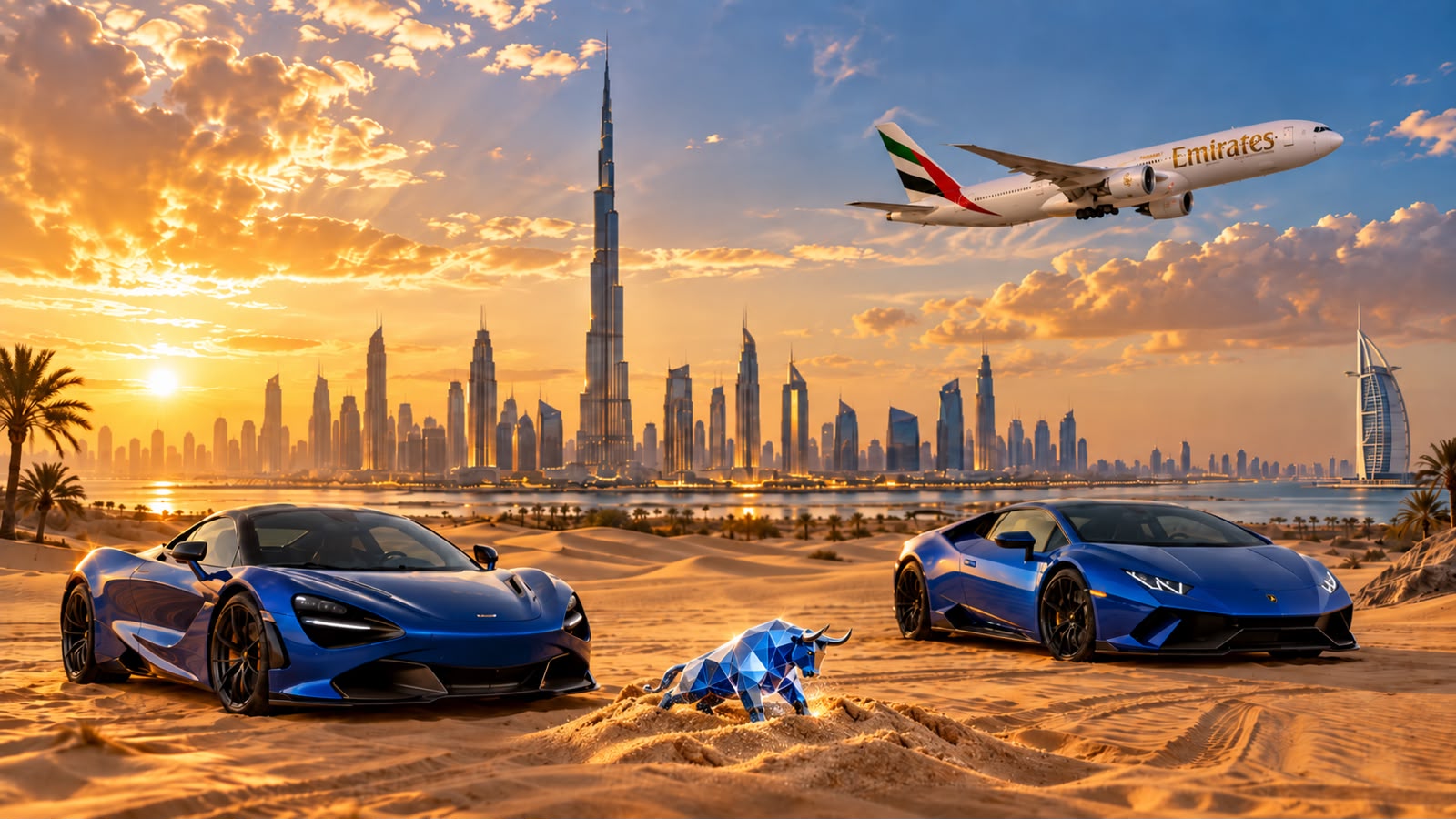 Dois esportivos azuis na areia diante do skyline de Dubai ao pôr do sol, com o touro da Safirion entre eles e um avião da Emirates no céu