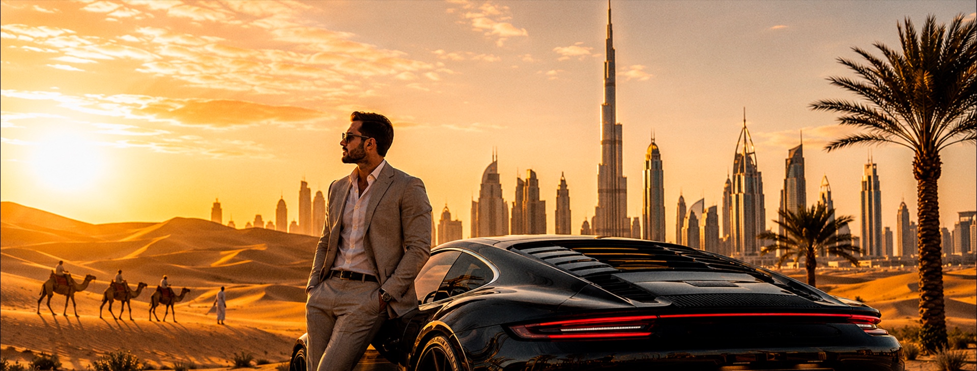 Trader apoiado em um esportivo preto com o skyline de Dubai e o deserto ao pôr do sol